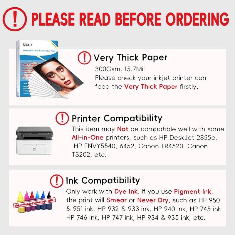 Uinkit 100 Sheets 8.5x11 Letter Size Thick Heavyweight Photo Paper Double Sided Glossy Cardstock 80LB 300Gsm 15.7Mil Brochure, Only for professional Inkjet Printer and Dye Ink (100) - Image 3